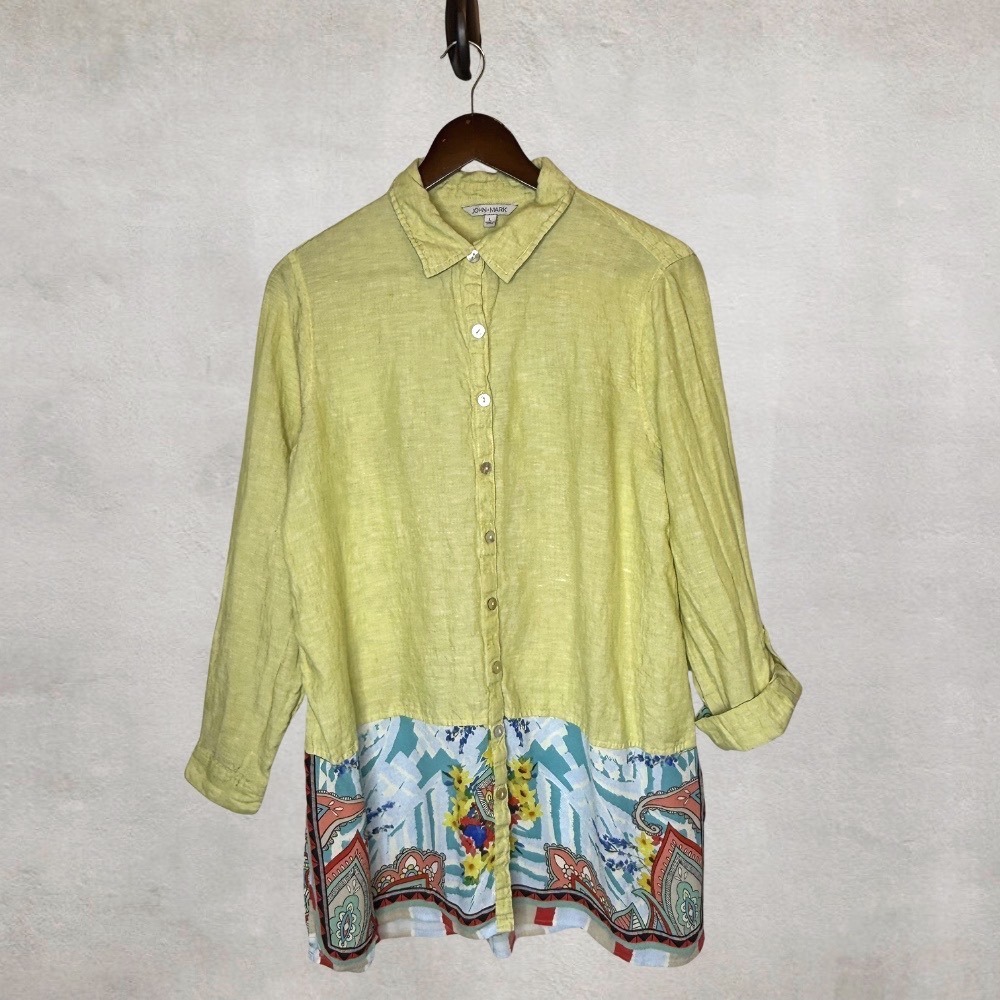 John Mark Linen Mixed Media Button Up Tunic Top Lagenlook Artsy Resort Wear sz L